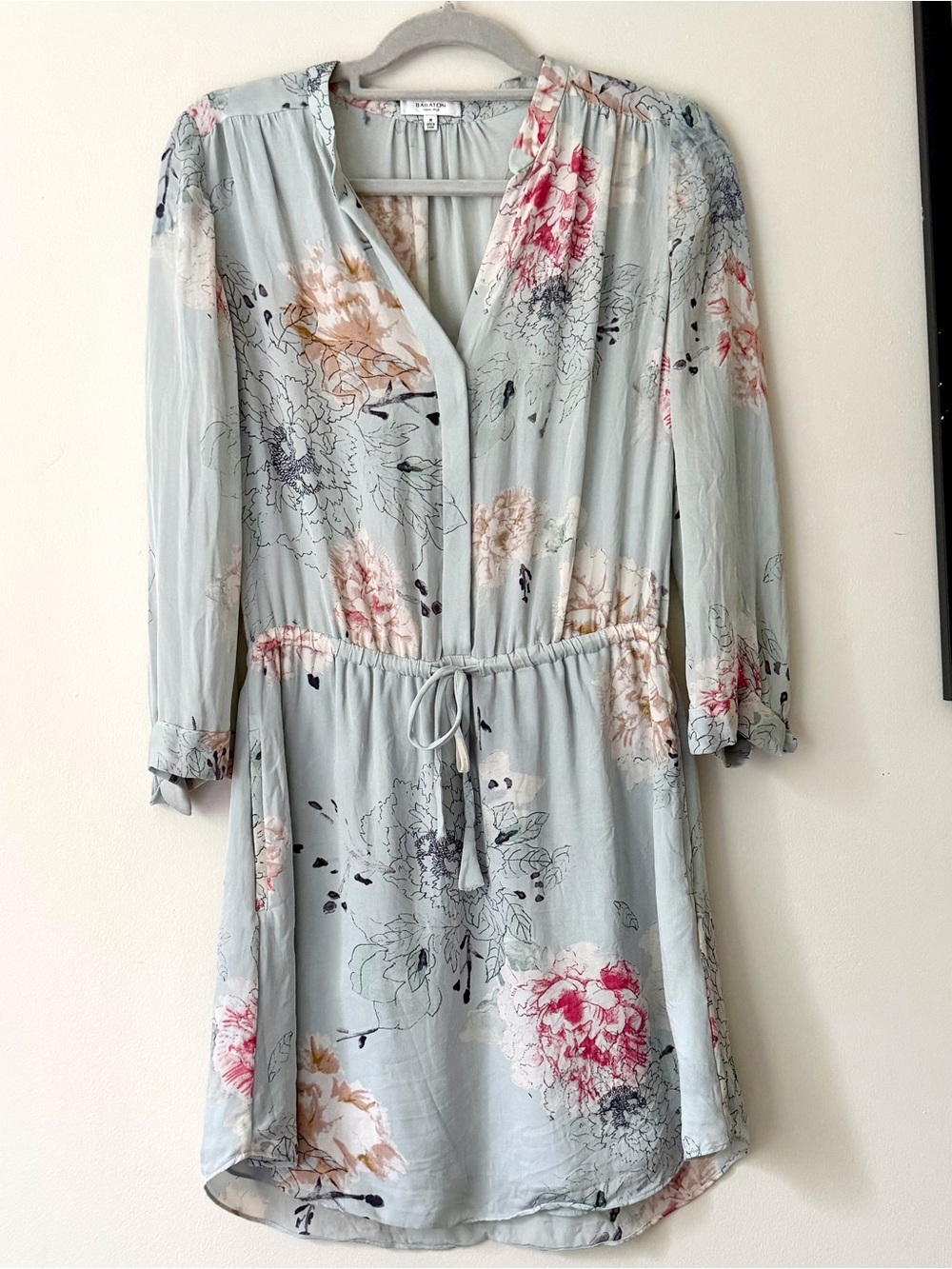 Aritzia Babaton Silk Dress Pale Blue Floral Tie-Waist Mini | Size M